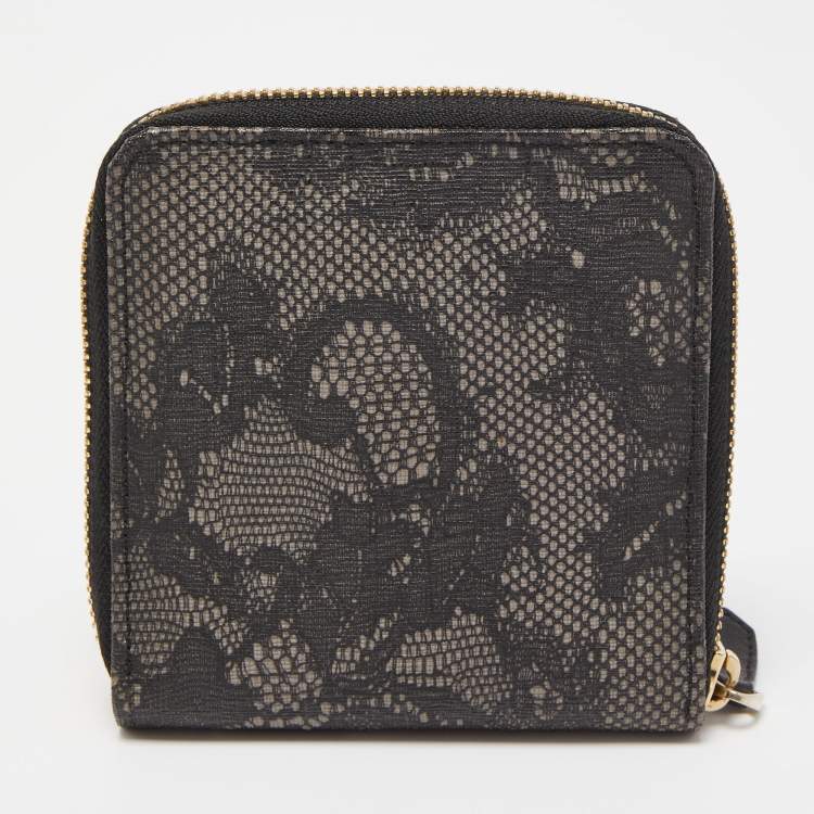 Pre Owned Valentino Black/Grey Lace Print Coated Canvas Zip Compact Wallet