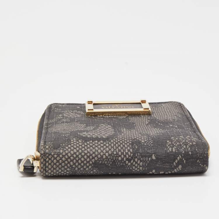 Pre Owned Valentino Black/Grey Lace Print Coated Canvas Zip Compact Wallet