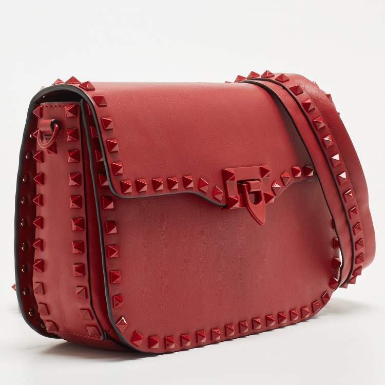 Pre Owned Valentino Red Leather Rockstud Flap Shoulder Bag