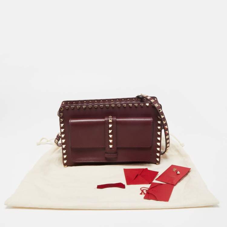 Pre Owned Valentino Burgundy Leather Rockstud Rectangular Shoulder Bag