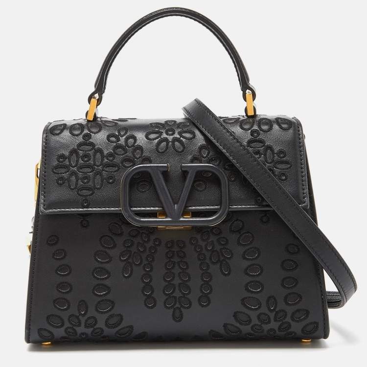 Pre Owned Valentino Black Leather VLogo Top Handle Bag