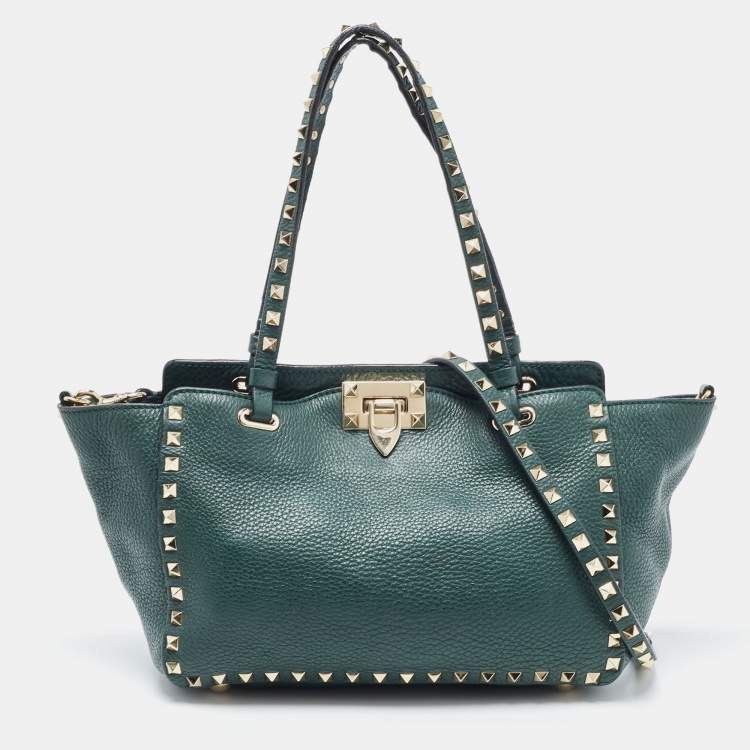 Pre Owned Valentino Green Leather Small Rockstud Trapeze Tote