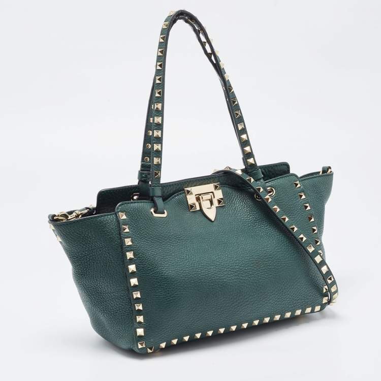 Pre Owned Valentino Green Leather Small Rockstud Trapeze Tote