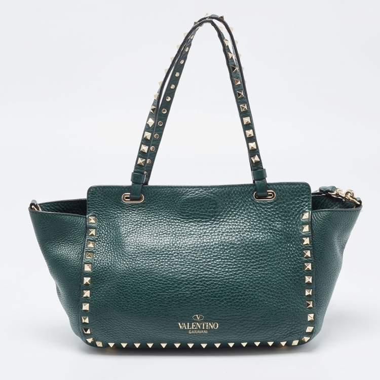 Pre Owned Valentino Green Leather Small Rockstud Trapeze Tote