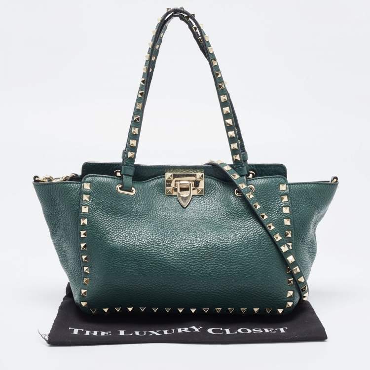 Pre Owned Valentino Green Leather Small Rockstud Trapeze Tote