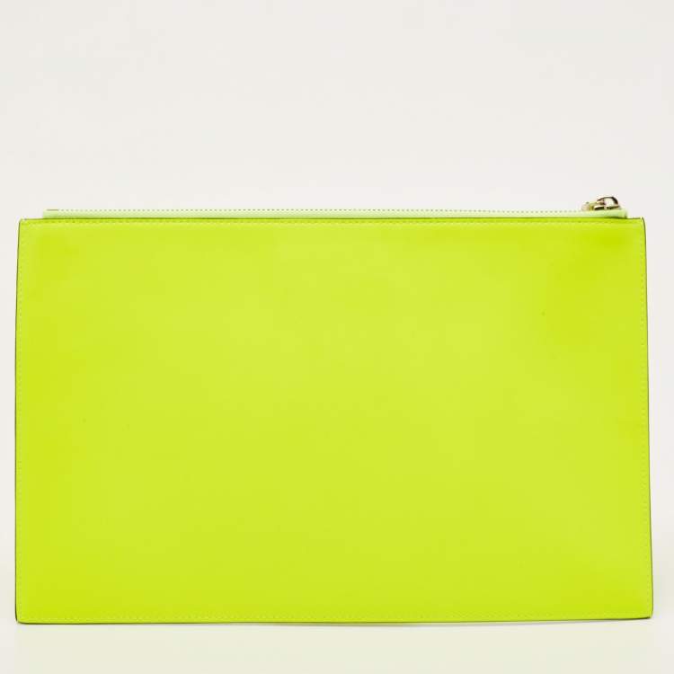 Pre Owned  Valentino Neon Green Leather VLogo Flat Pouch
