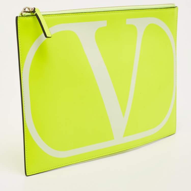 Pre Owned  Valentino Neon Green Leather VLogo Flat Pouch