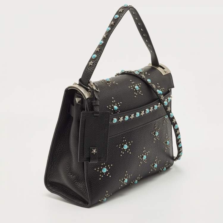 Pre Owned Valentino Black Leather Medium My Rockstud Rolling Top Handle Bag