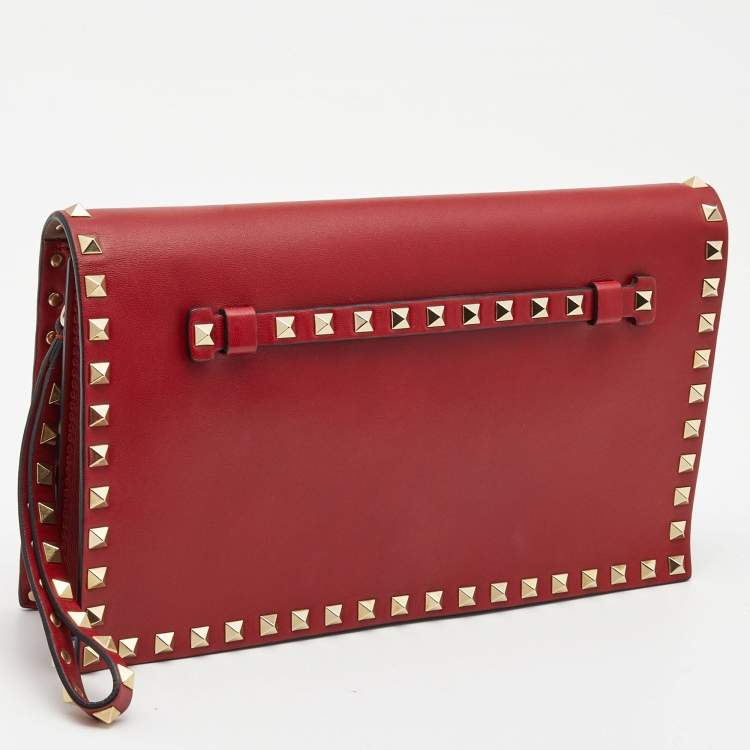 Pre Owned Valentino Red Leather Rockstud Wristlet Clutch