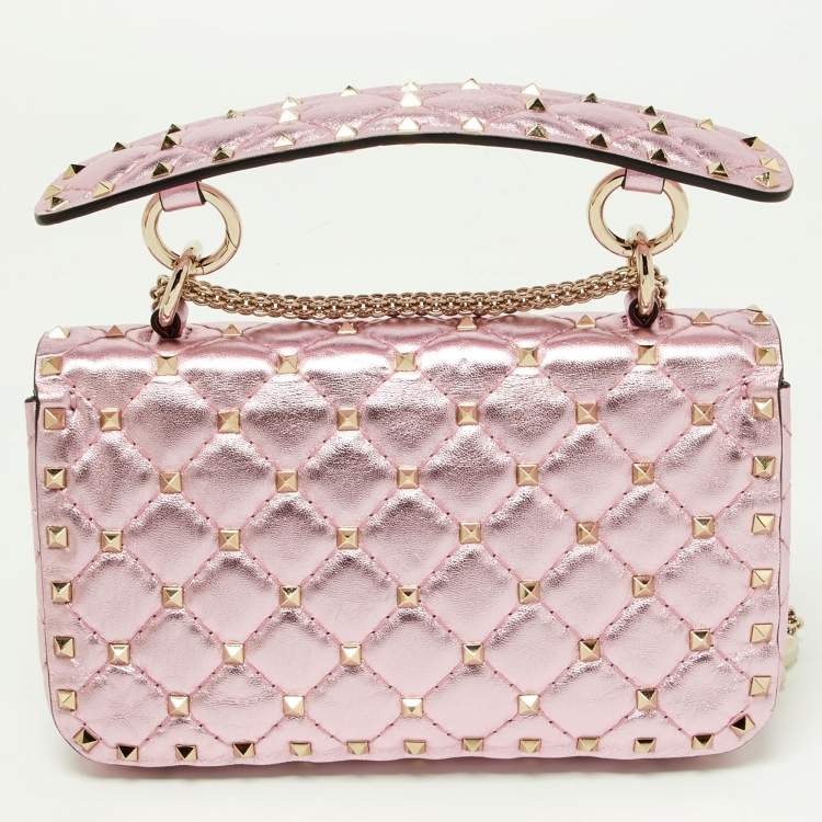 Pre Owned Valentino Metallic Pink Quilted Leather Small Rockstud Spike Top Handle Bag