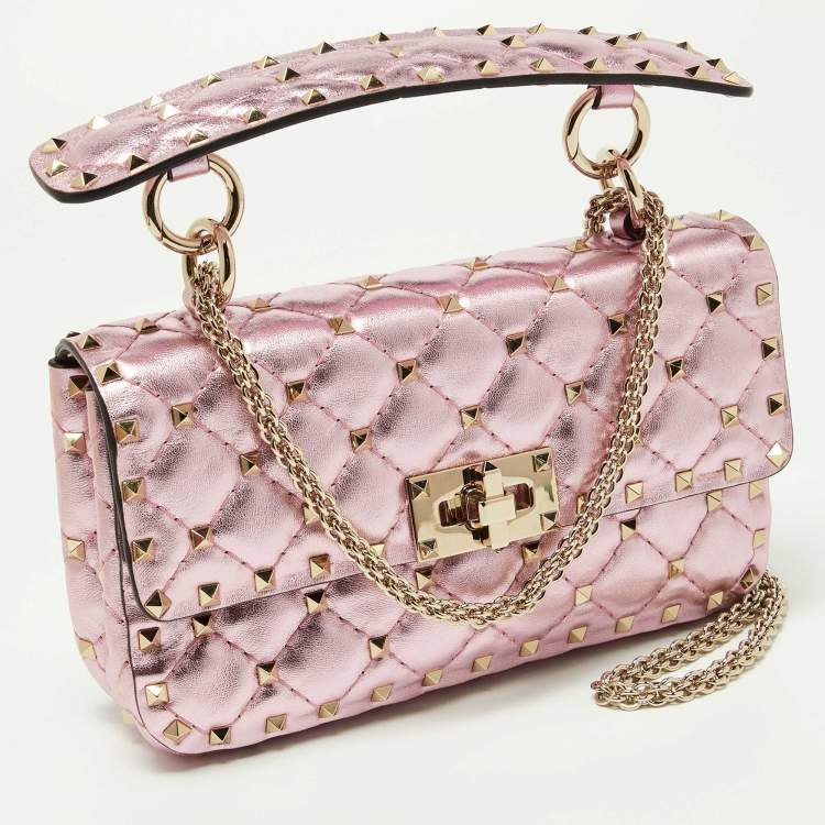 Pre Owned Valentino Metallic Pink Quilted Leather Small Rockstud Spike Top Handle Bag