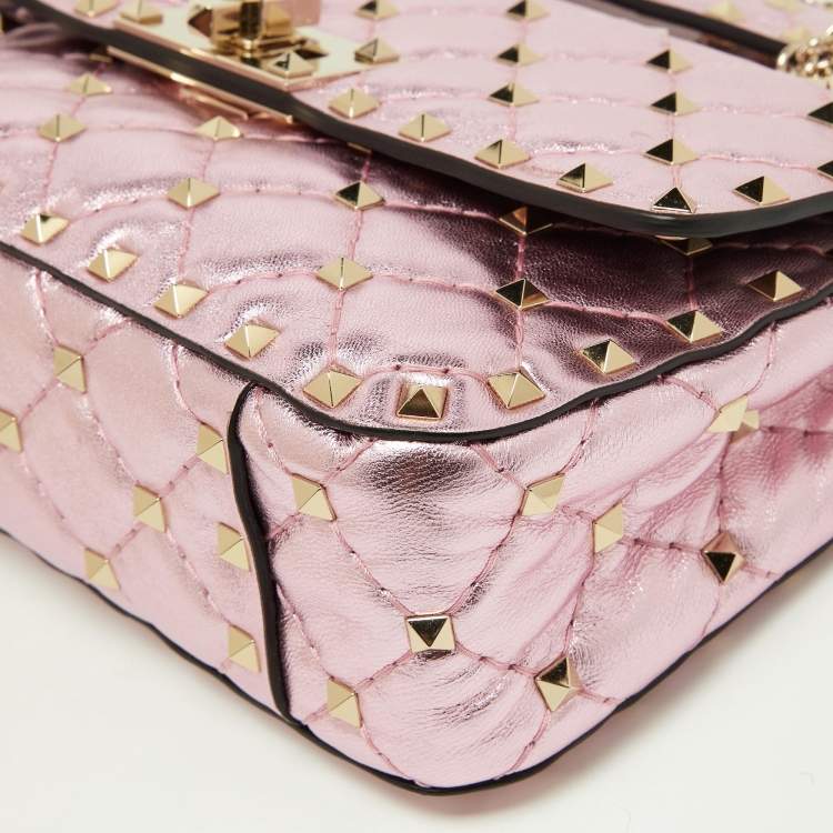 Pre Owned Valentino Metallic Pink Quilted Leather Small Rockstud Spike Top Handle Bag