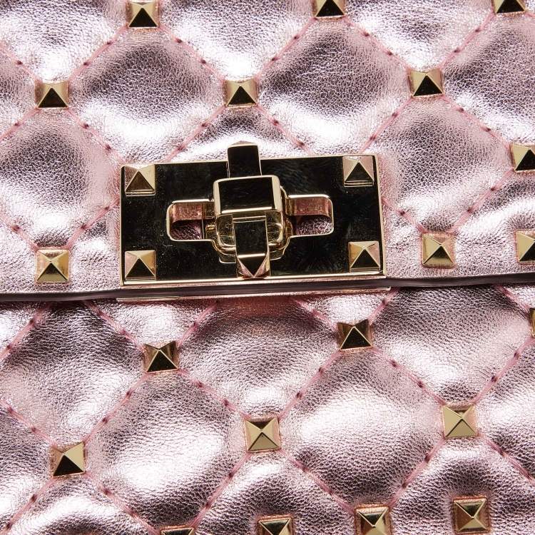 Pre Owned Valentino Metallic Pink Quilted Leather Small Rockstud Spike Top Handle Bag