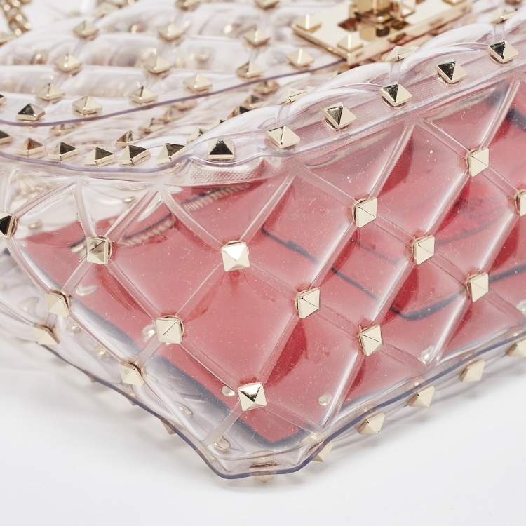 Pre Owned Valentino Clear/Red PVC Medium Rockstud Spike Top Handle Bag