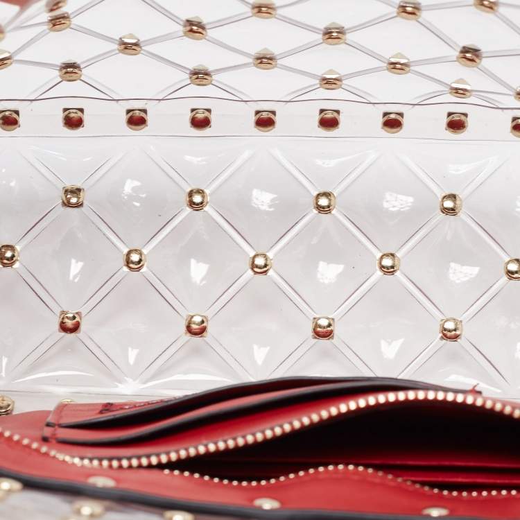 Pre Owned Valentino Clear/Red PVC Medium Rockstud Spike Top Handle Bag