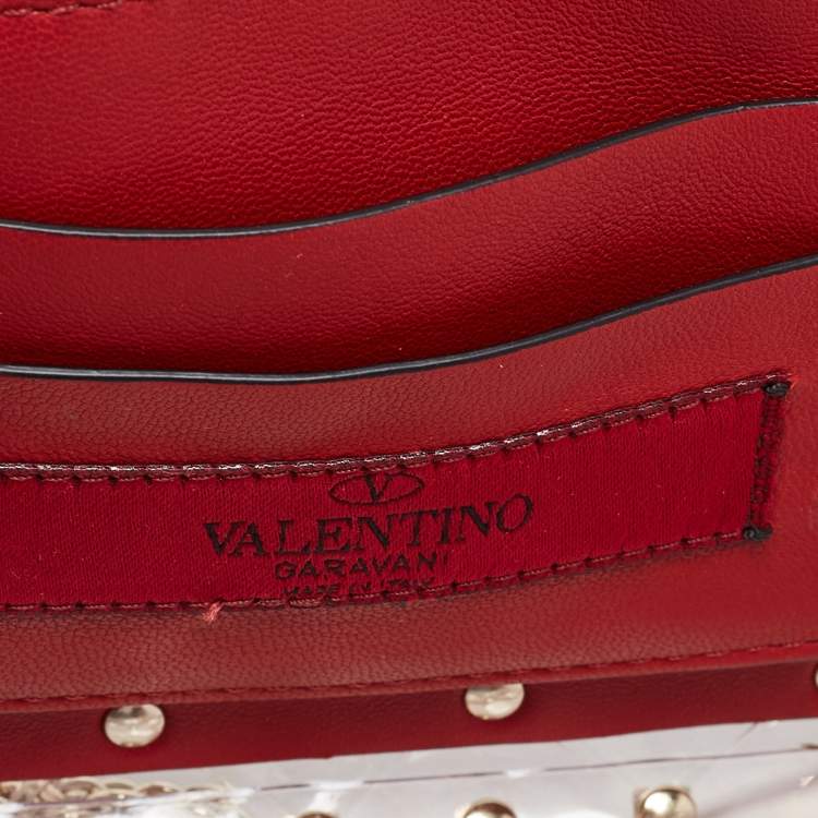 Pre Owned Valentino Clear/Red PVC Medium Rockstud Spike Top Handle Bag