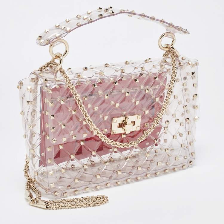Pre Owned Valentino Clear/Red PVC Medium Rockstud Spike Top Handle Bag