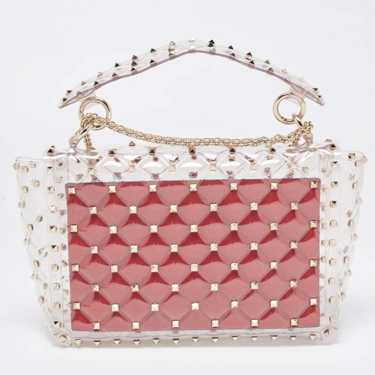 Pre Owned Valentino Clear/Red PVC Medium Rockstud Spike Top Handle Bag