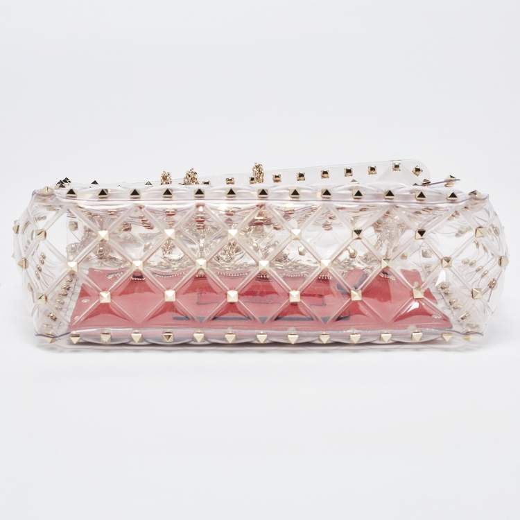 Pre Owned Valentino Clear/Red PVC Medium Rockstud Spike Top Handle Bag