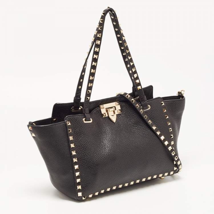 Pre Owned Valentino Black Leather Small Rockstud Trapeze Tote