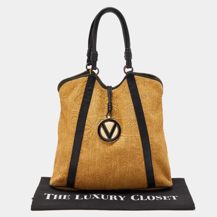 Pre Owned Valentino Beige/Black Raffia and Leather Tote