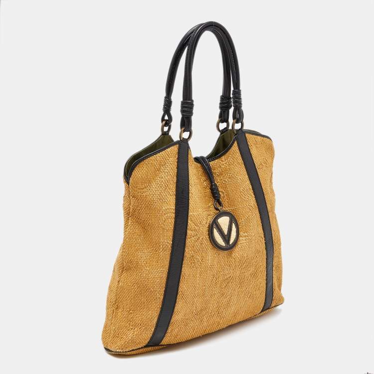 Pre Owned Valentino Beige/Black Raffia and Leather Tote