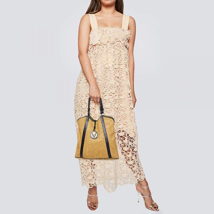 Pre Owned Valentino Beige/Black Raffia and Leather Tote