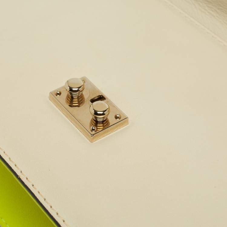 Pre Owned Valentino Neon Yellow/Cream Leather Medium Rockstud Glam Lock Flap Bag