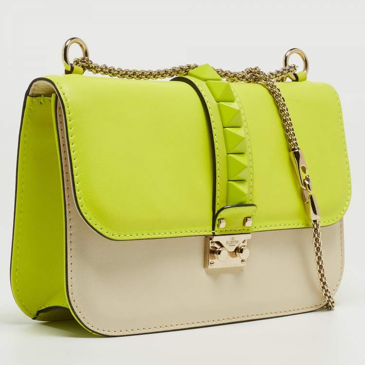Pre Owned Valentino Neon Yellow/Cream Leather Medium Rockstud Glam Lock Flap Bag