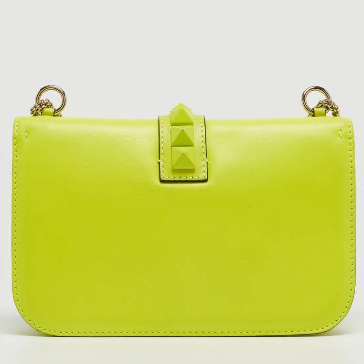 Pre Owned Valentino Neon Yellow/Cream Leather Medium Rockstud Glam Lock Flap Bag