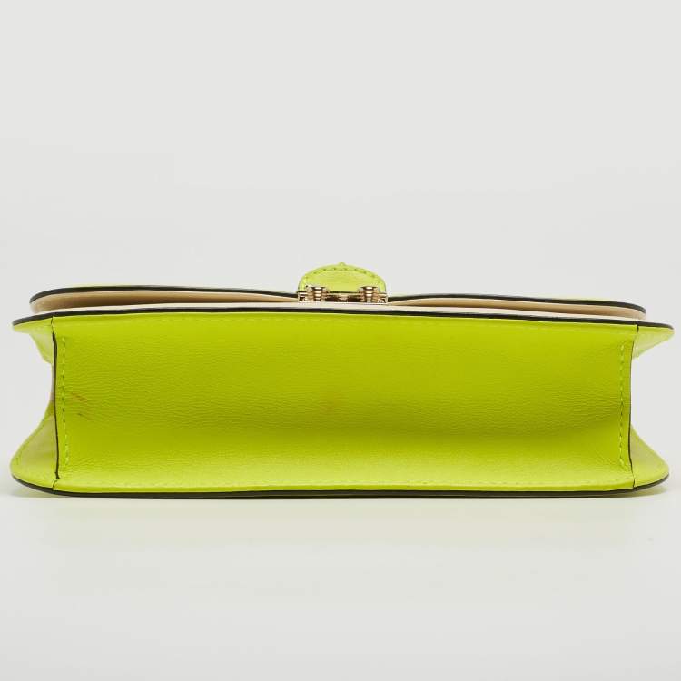 Pre Owned Valentino Neon Yellow/Cream Leather Medium Rockstud Glam Lock Flap Bag