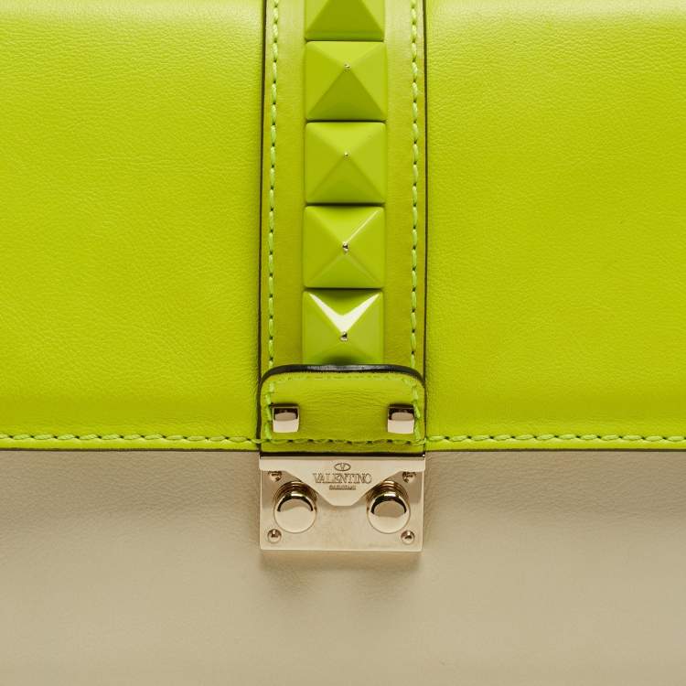Pre Owned Valentino Neon Yellow/Cream Leather Medium Rockstud Glam Lock Flap Bag