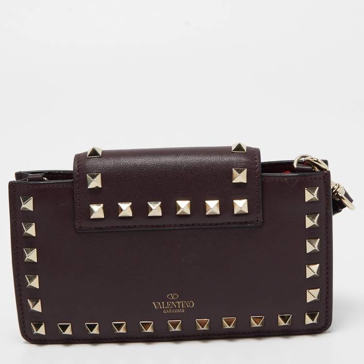 Pre Owned Valentino Dark Purple Leather Rockstud Phone Case Chain Bag