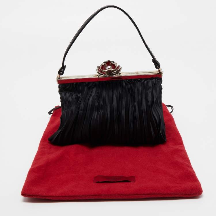 Pre Owned Valentino Black Satin Flower Clasp Frame Clutch