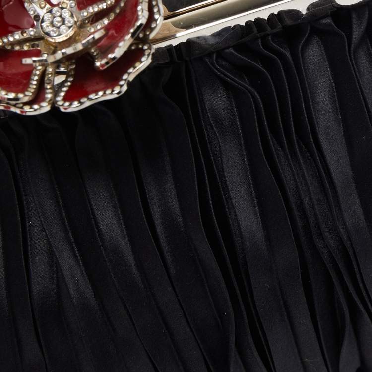 Pre Owned Valentino Black Satin Flower Clasp Frame Clutch