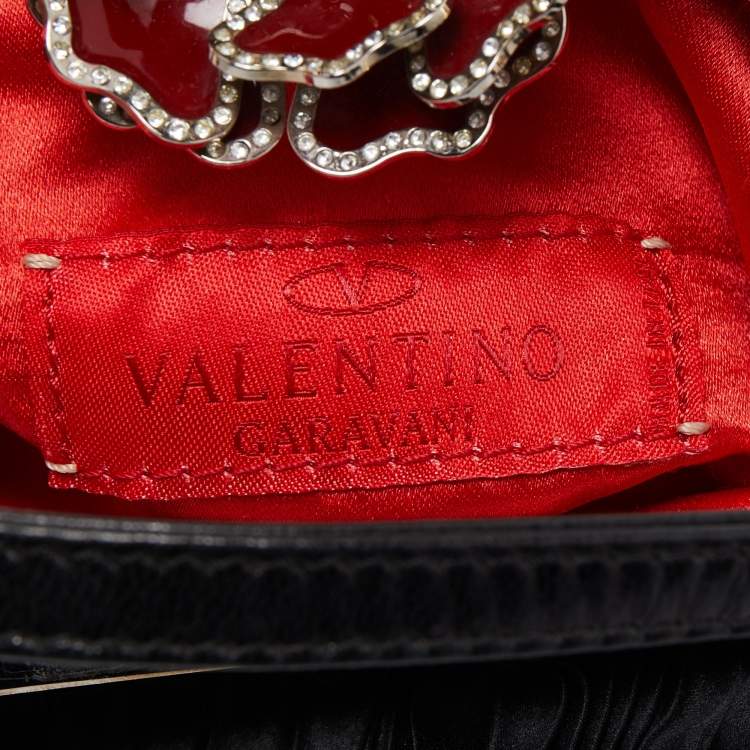 Pre Owned Valentino Black Satin Flower Clasp Frame Clutch