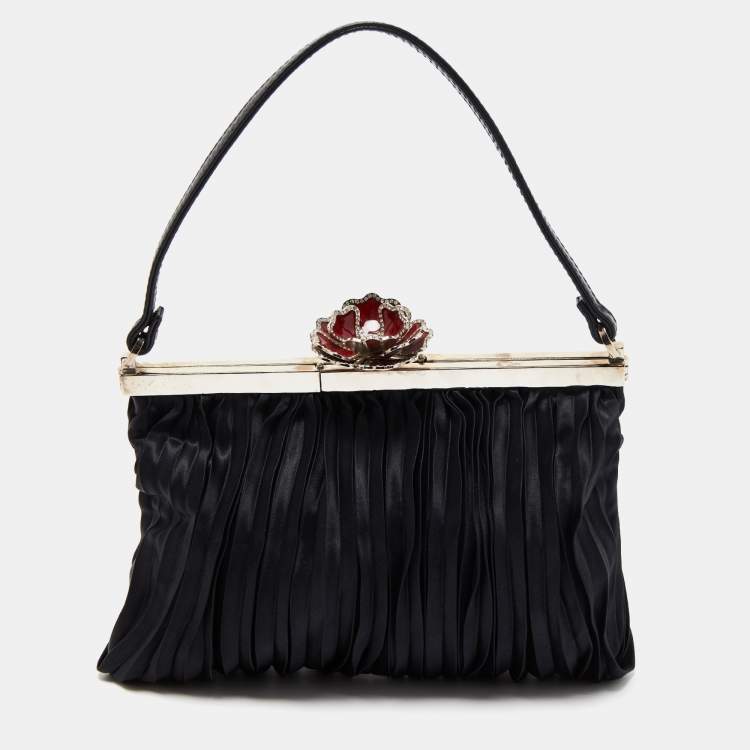 Pre Owned Valentino Black Satin Flower Clasp Frame Clutch
