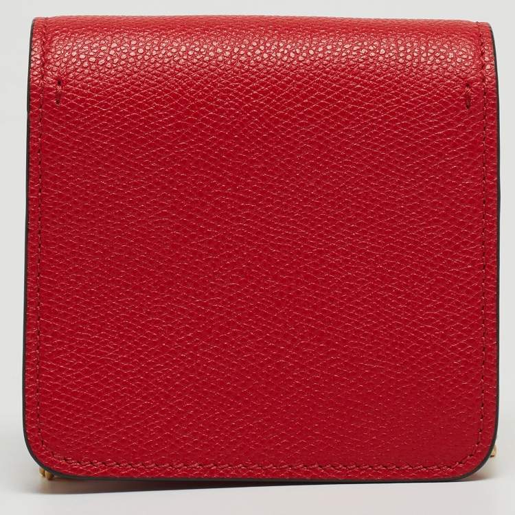 Pre Owned Valentino Red Grained Leather VLogo Compact Wallet On Chain
