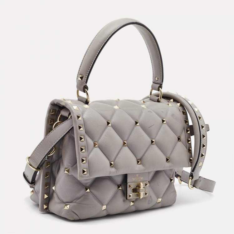 Pre Owned Valentino Grey Quilted Leather Medium Candystud Top Handle Bag