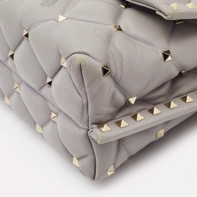 Pre Owned Valentino Grey Quilted Leather Medium Candystud Top Handle Bag