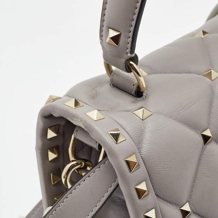 Pre Owned Valentino Grey Quilted Leather Medium Candystud Top Handle Bag