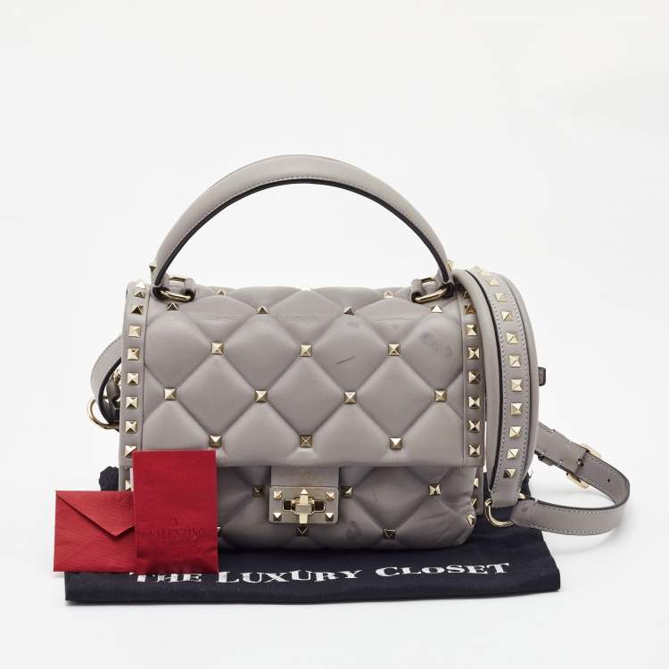 Pre Owned Valentino Grey Quilted Leather Medium Candystud Top Handle Bag