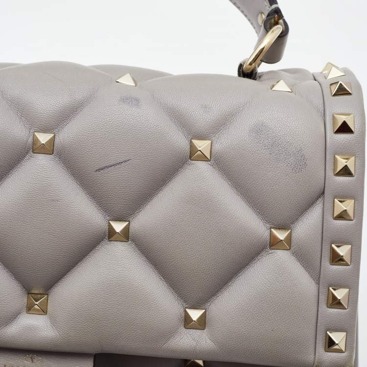 Pre Owned Valentino Grey Quilted Leather Medium Candystud Top Handle Bag