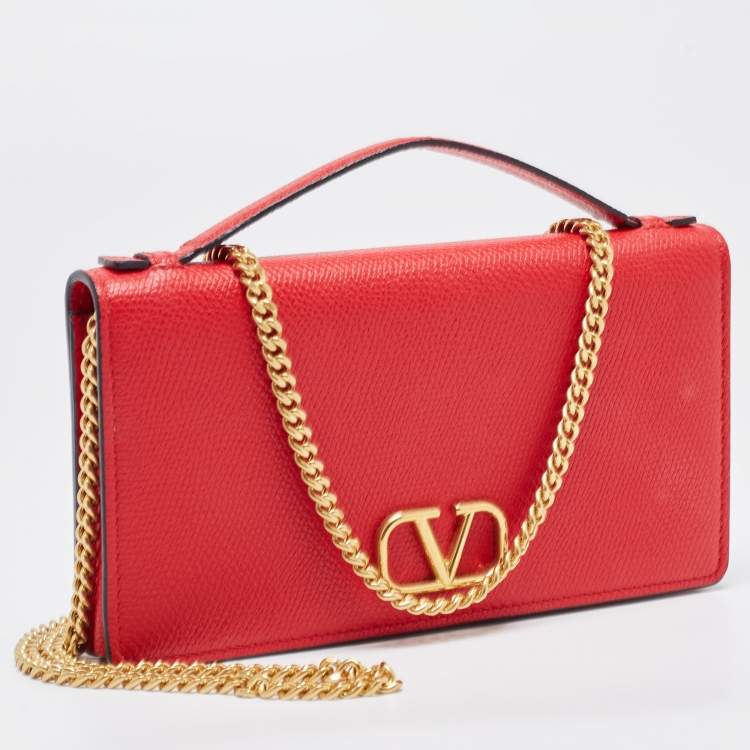 Pre Owned Valentino Red Leather VLogo Chain Wallet
