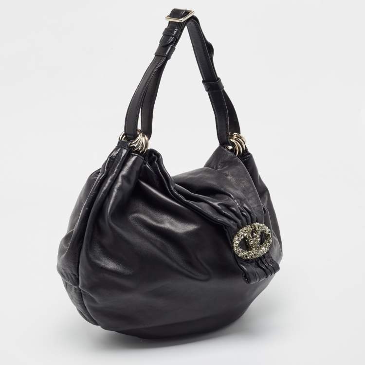 Pre Owned Valentino Black Leather VLogo Crystals Embellished Hobo