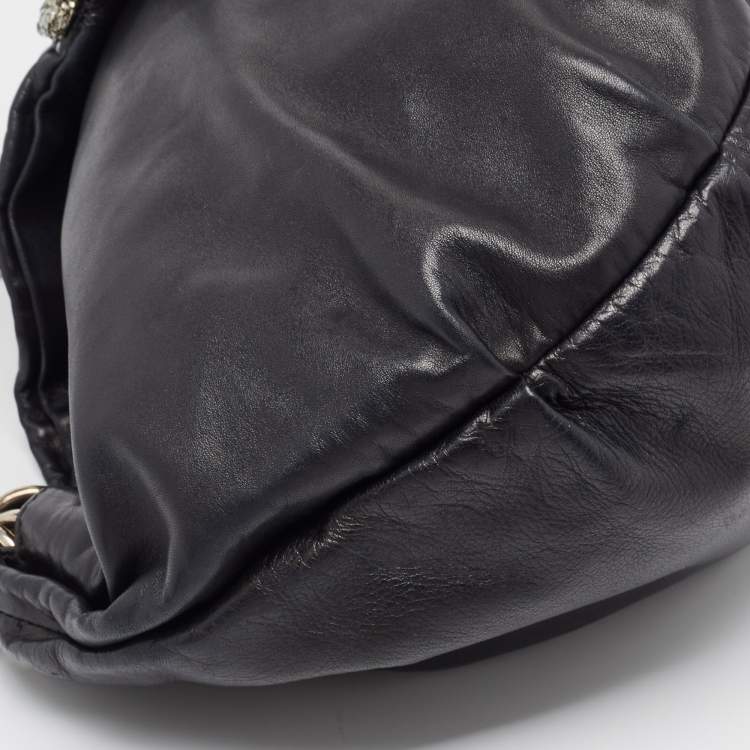 Pre Owned Valentino Black Leather VLogo Crystals Embellished Hobo