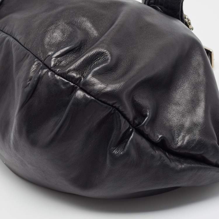 Pre Owned Valentino Black Leather VLogo Crystals Embellished Hobo