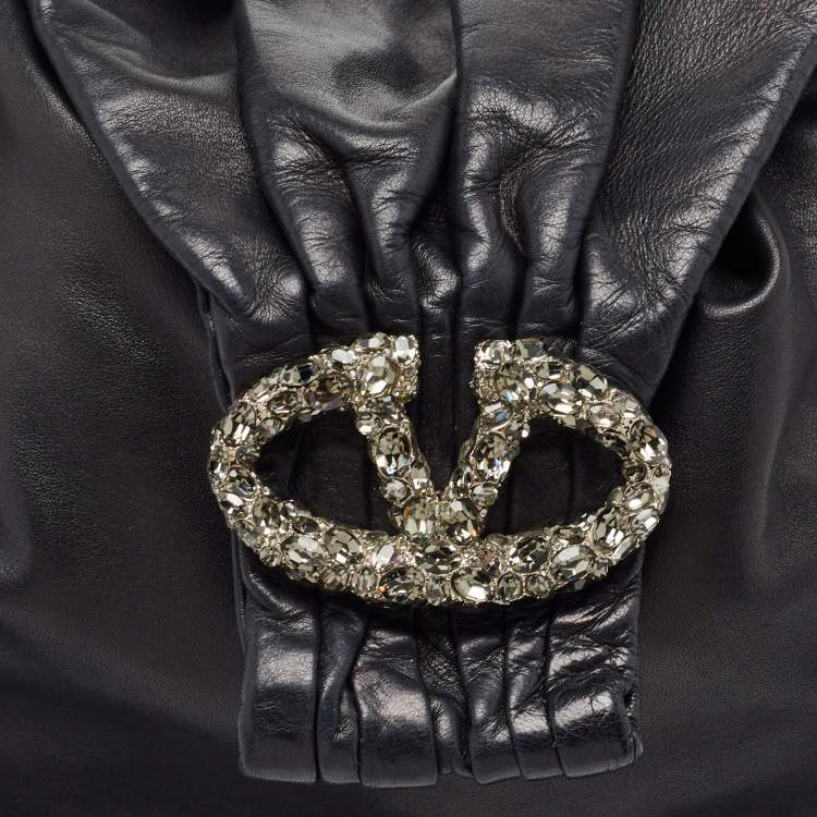 Pre Owned Valentino Black Leather VLogo Crystals Embellished Hobo