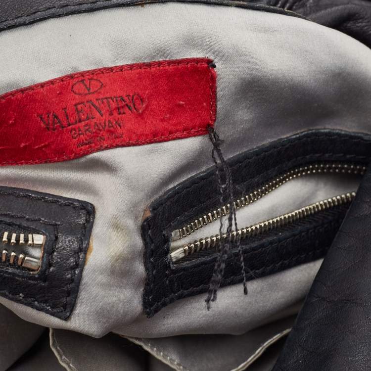 Pre Owned Valentino Black Leather VLogo Crystals Embellished Hobo