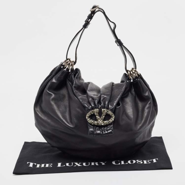 Pre Owned Valentino Black Leather VLogo Crystals Embellished Hobo